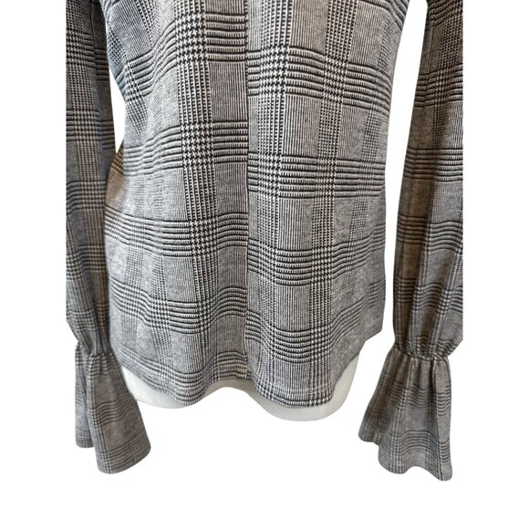 2/$30 Zara Trafaluc Small Gray Plaid Dainty Blouse Ruffled Cuffs High Neck - Picture 8 of 13